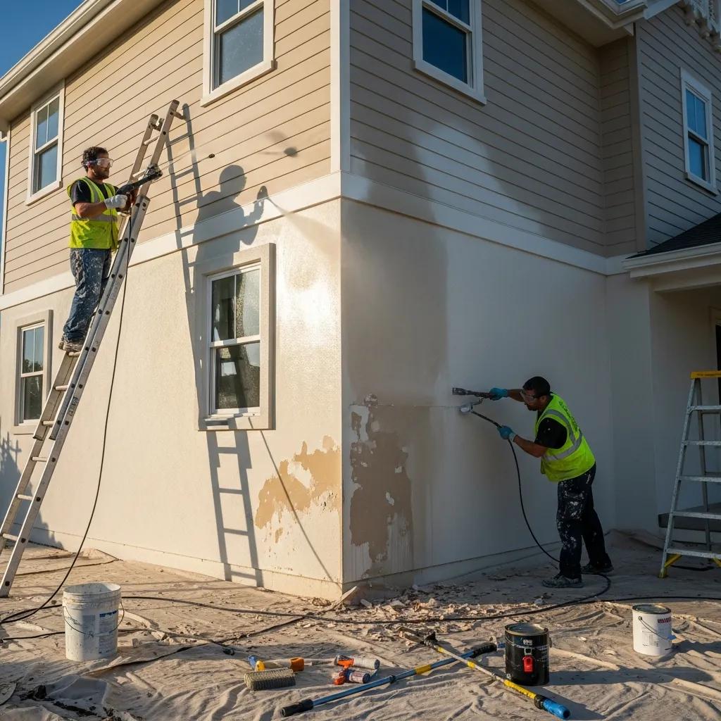 painter working on the exterior of a house showcasing preparation techniques and safety equipment 45f6c463 9de0 4897 9241 8199fcb6667b